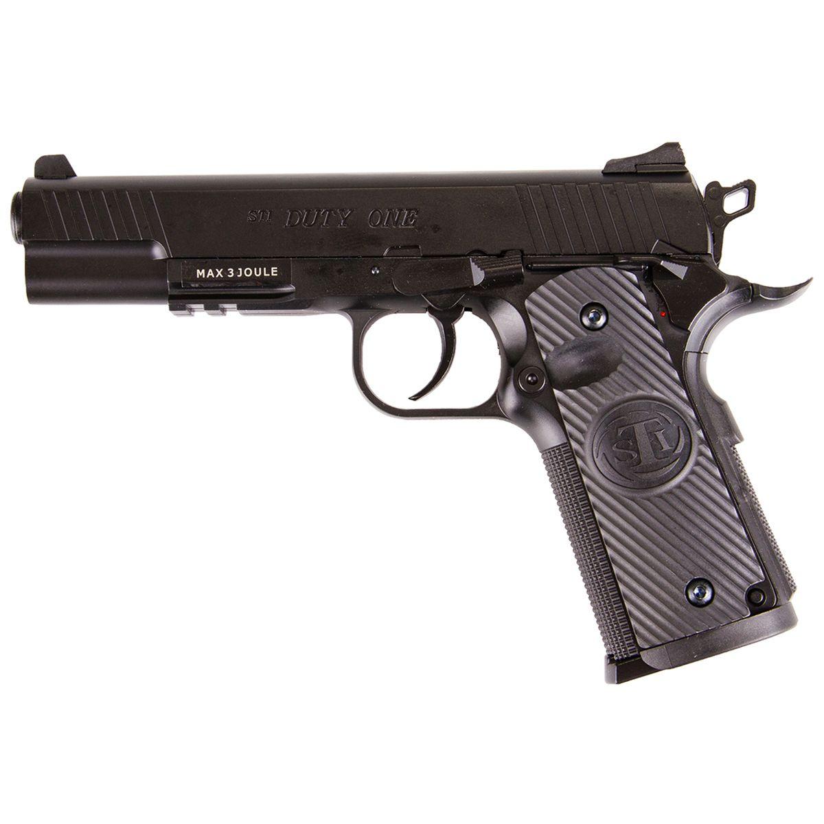 Explore the ASG STI Duty One 1911 Blowback Airsoft Pistol - semi-automatic, metal slide, integrated weaver rail, and discreet CO2 compartment. Available at ReplicaAirguns.ca.