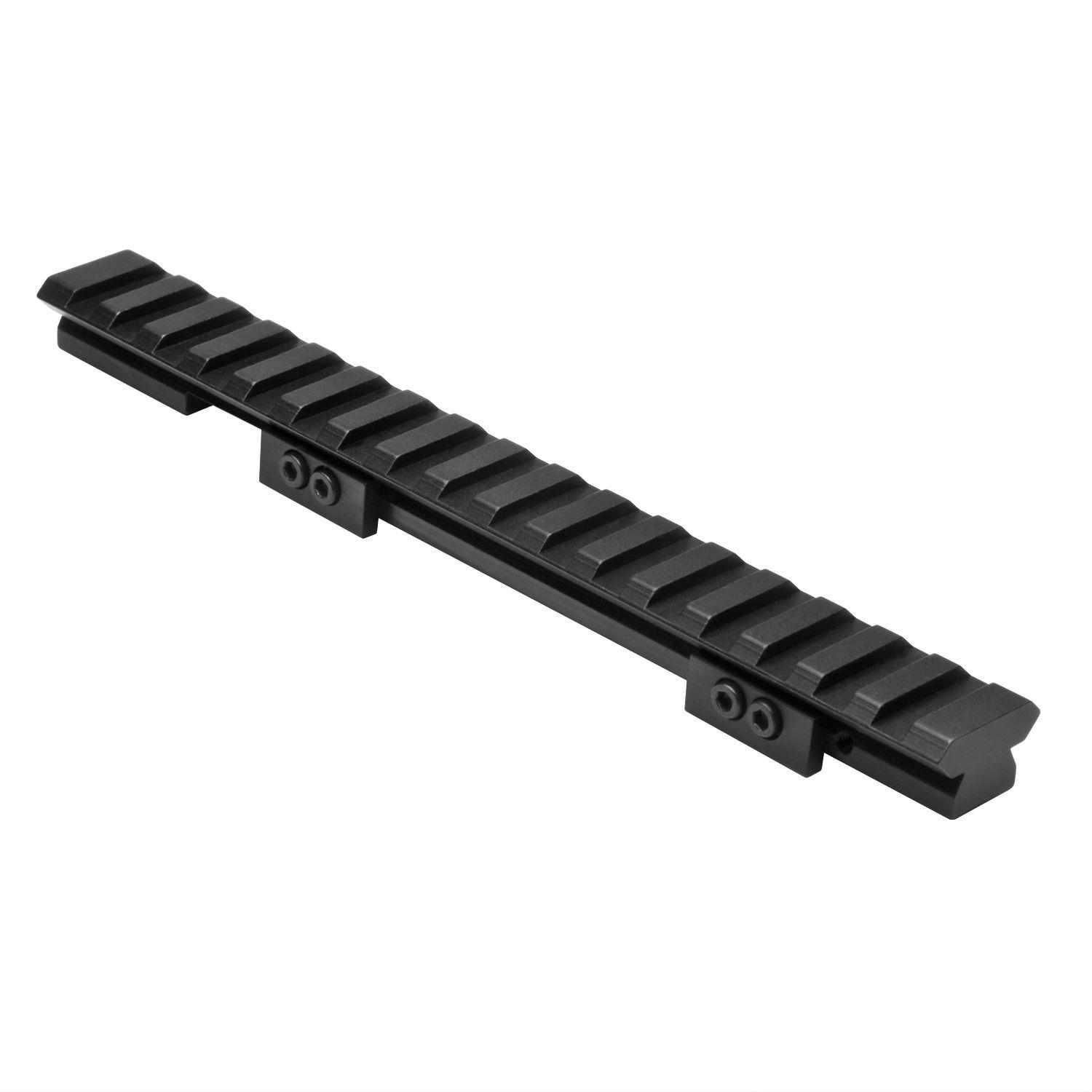 Upgrade your Ruger 10/22 with this sleek Picatinny rail. Black anodized aluminum construction, easy installation onto pre-drilled receiver holes. Maintain factory iron sights with centerline sight channel. Length: 4.7” 