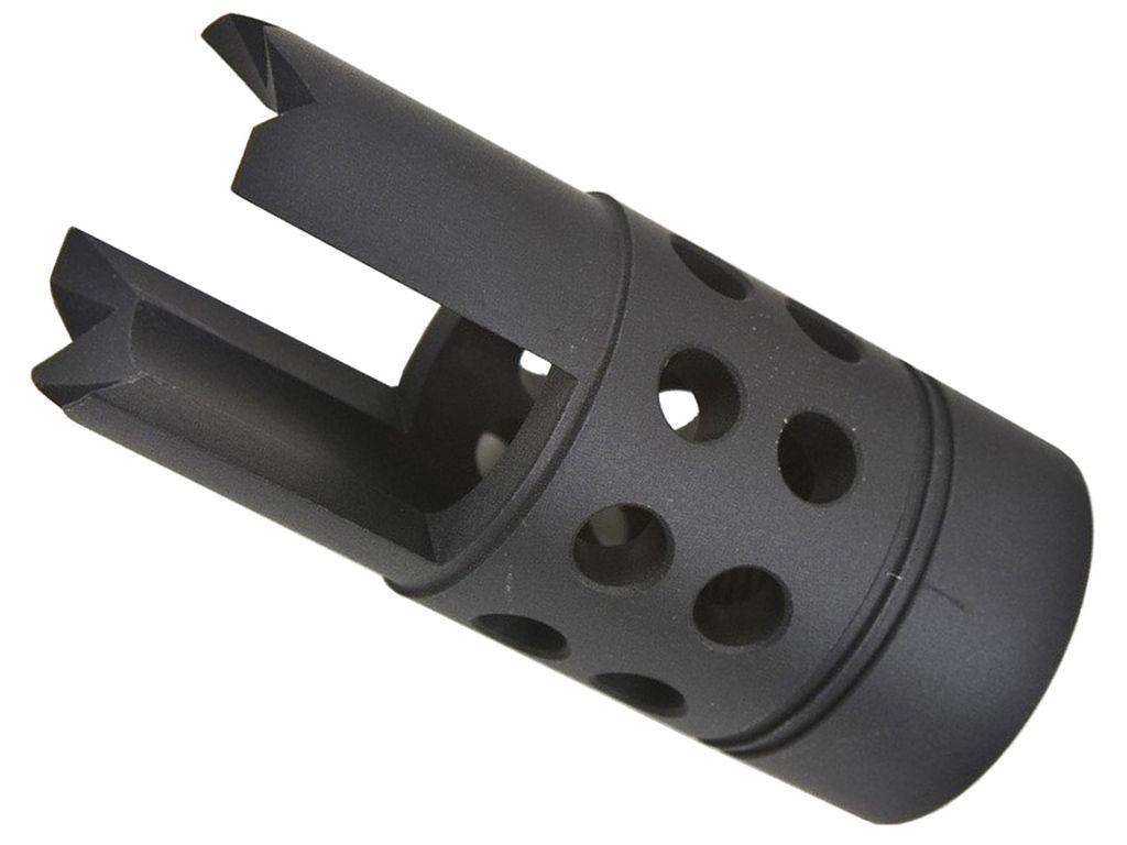 "Medusa Flash Hider for airsoft rifles. Steel construction, rebar cutter style. Covert matte black finish. Compatible with 14mm CCW threaded barrels.