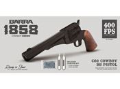 Immerse yourself in the Old West spirit with the Barra 1858 BB Pistol. CO2-powered, single-action, and featuring an 18-round BB magazine. Golden finish and imitation wood grips for authentic charm. Available at ReplicaAirguns.ca.