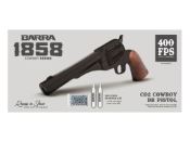 Immerse yourself in the Old West spirit with the Barra 1858 BB Pistol. CO2-powered, single-action, and featuring an 18-round BB magazine. Golden finish and imitation wood grips for authentic charm. Available at ReplicaAirguns.ca.