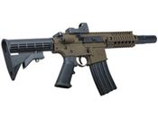 The Crosman Bushmaster MPW CO2 BB Rifle, featuring full blowback, semi/full auto modes, 25-round magazine, adjustable AR-compatible stock, red dot sight, quad-railed handguard for accessories.