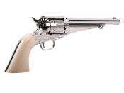 Discover the realism of Crosman Remington 1875 CO2 Revolver, shooting BBs/pellets at 450 fps. Featuring a nickel finish, faux-ivory grip, ideal for plinking or Fast Draw practice at ReplicaAirguns.ca.
