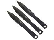 Discover our set of 3 stainless steel throwing knives in black, khaki, and olive green. One-piece construction with cord-wrapped handles. Bonus firestarter included. Made in China.