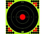 Improve shooting visibility with Pro-Shot Splatter Targets. 17.25" bullseye, pack of 5, revealing bright green color rings on impact. Self-adhesive and includes 28 black/12 red target pasters for extended use.
